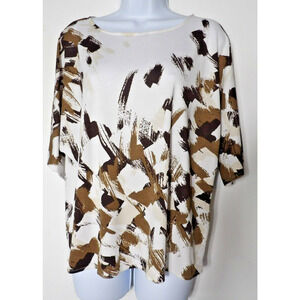 Easywear By Chicos 0 Small Top Blouse White Brown Short Sleeve Abstract